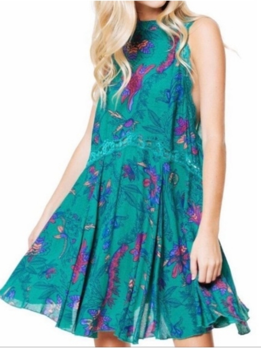 Free People She Moves Floral High-Neck Mini Dress - M